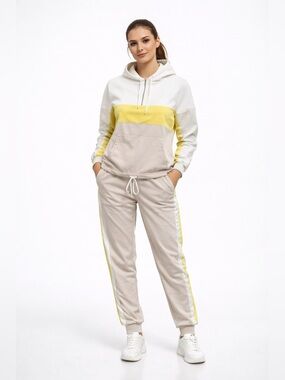 ZARA Women’s Colorblock Hooded Tracksuit Set – Beige/Yellow/White – Size S